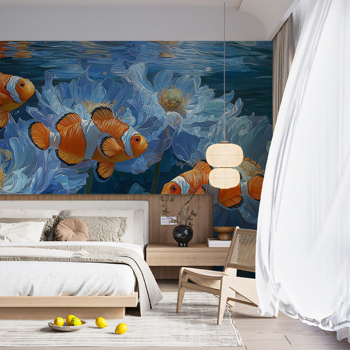Clownfish in Blue Floral Water Mural Wallpaper | Surreal Underwater Bloom, Bright Light Reflection, Elegant