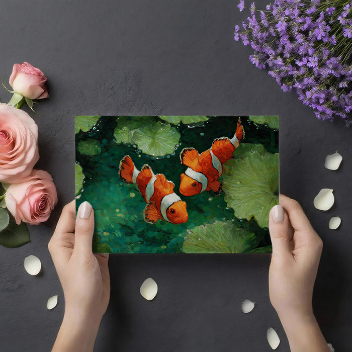 Clownfish Over Lily Pads Pond Mural Wallpaper | Overhead View, Green and Orange Contrast, Textured Surface