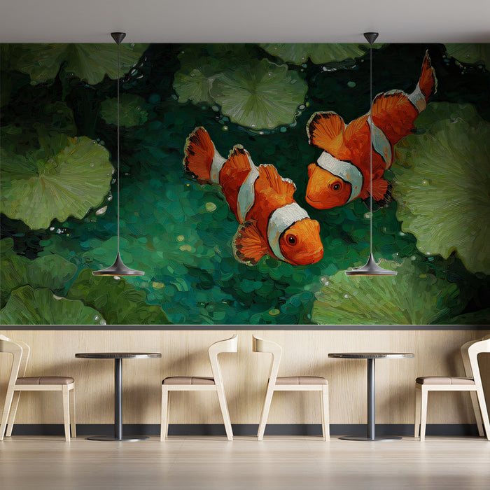 Clownfish Over Lily Pads Pond Mural Wallpaper | Overhead View, Green and Orange Contrast, Textured Surface