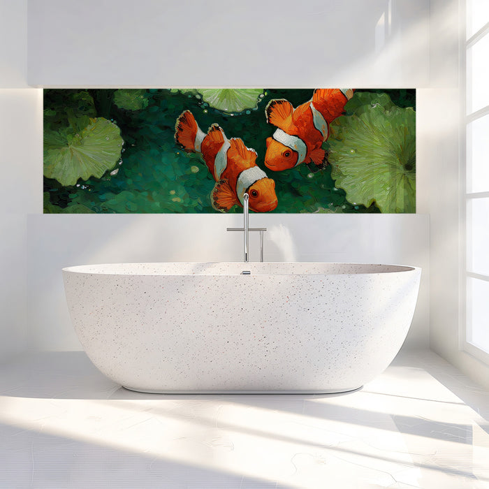 Clownfish Over Lily Pads Pond Mural Wallpaper | Overhead View, Green and Orange Contrast, Textured Surface
