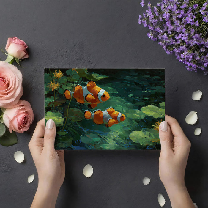 Clownfish Near Water Lilies Pond Mural Wallpaper | Impressionist Oil Painting, Deep Green Water, Warm Hues