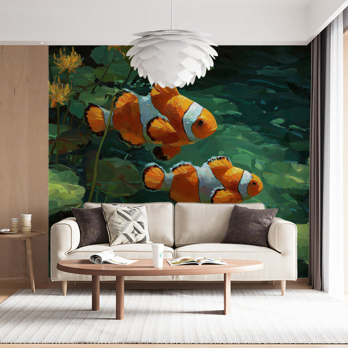 Clownfish Near Water Lilies Pond Mural Wallpaper | Impressionist Oil Painting, Deep Green Water, Warm Hues