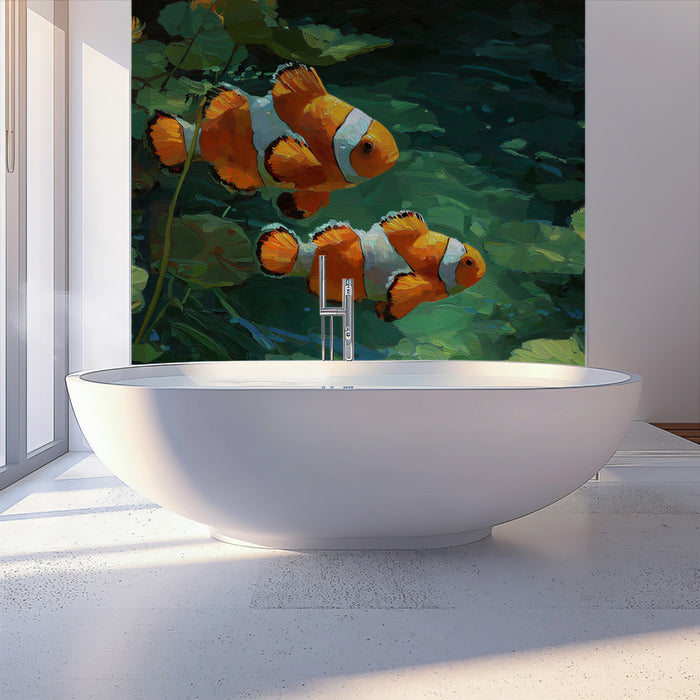 Clownfish Near Water Lilies Pond Mural Wallpaper | Impressionist Oil Painting, Deep Green Water, Warm Hues