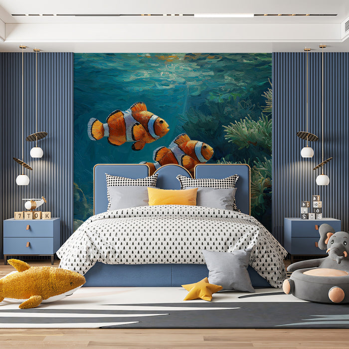 Textured Clownfish in Reef Mural Wallpaper | Impasto Style, Vibrant Orange and Teal, Underwater Light