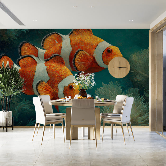 Close-Up Clownfish and Sea Anemone Mural Wallpaper | Textured Painting, Teal and Orange Contrast, Deep Ocean
