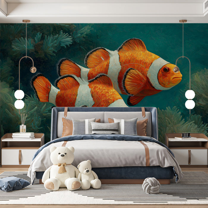 Close-Up Clownfish and Sea Anemone Mural Wallpaper | Textured Painting, Teal and Orange Contrast, Deep Ocean
