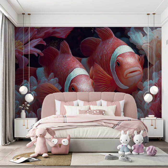 Macro Clownfish in Pink Anemone Mural Wallpaper | Surreal Red and Pink Palette, Extreme Close-Up