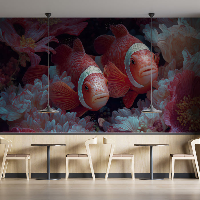 Macro Clownfish in Pink Anemone Mural Wallpaper | Surreal Red and Pink Palette, Extreme Close-Up