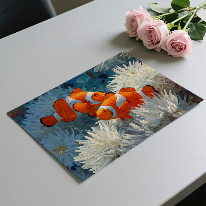 Clownfish in White Anemone Impasto Mural Wallpaper | High Contrast, White and Orange Focus, Bright Scene