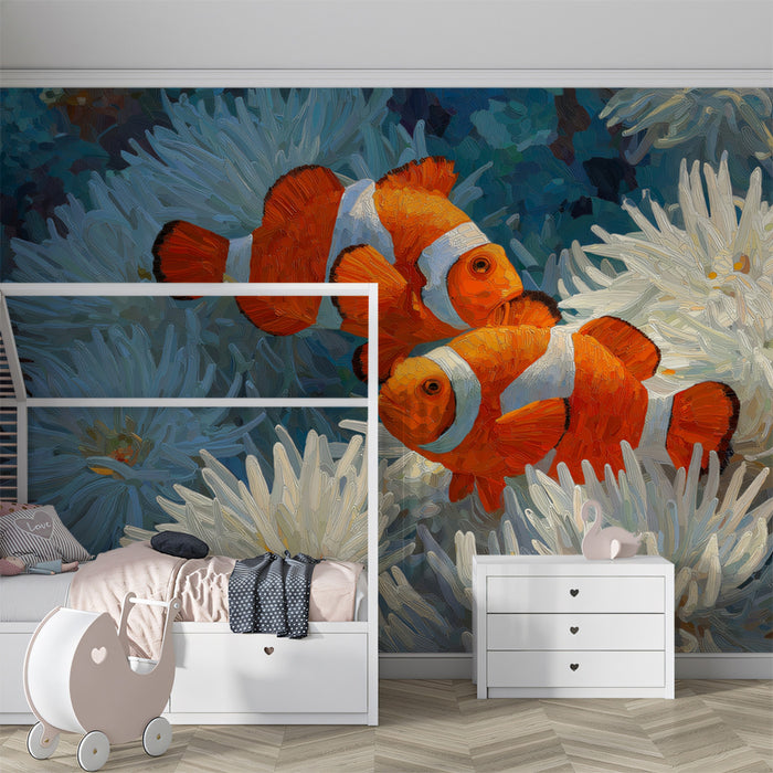 Clownfish in White Anemone Impasto Mural Wallpaper | High Contrast, White and Orange Focus, Bright Scene