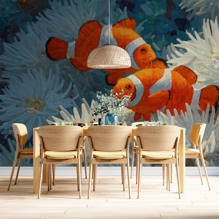 Clownfish in White Anemone Impasto Mural Wallpaper | High Contrast, White and Orange Focus, Bright Scene