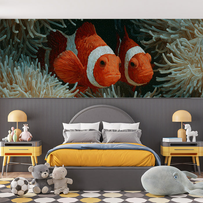 Clownfish in White Anemone Impasto Mural Wallpaper | High Contrast, White and Orange Focus, Bright Scene 富文本编辑器 描述