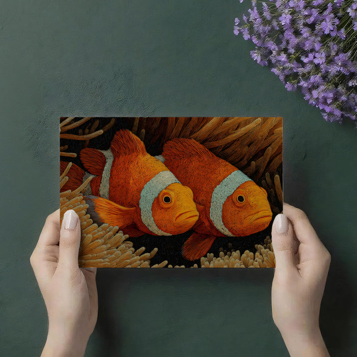 Extreme Close-Up Clownfish in Fiber Anemone Mural | Stylized Texture, Brown and Orange Palette, Warm