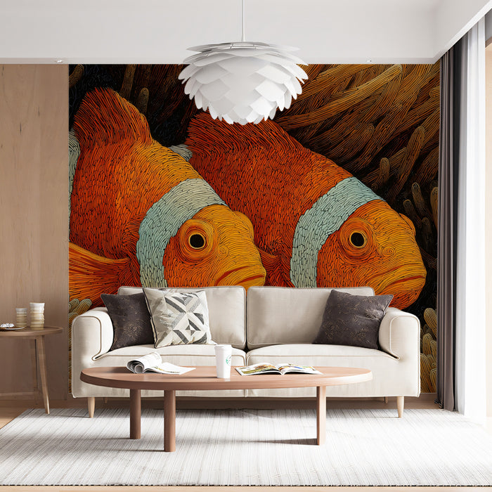 Extreme Close-Up Clownfish in Fiber Anemone Mural | Stylized Texture, Brown and Orange Palette, Warm