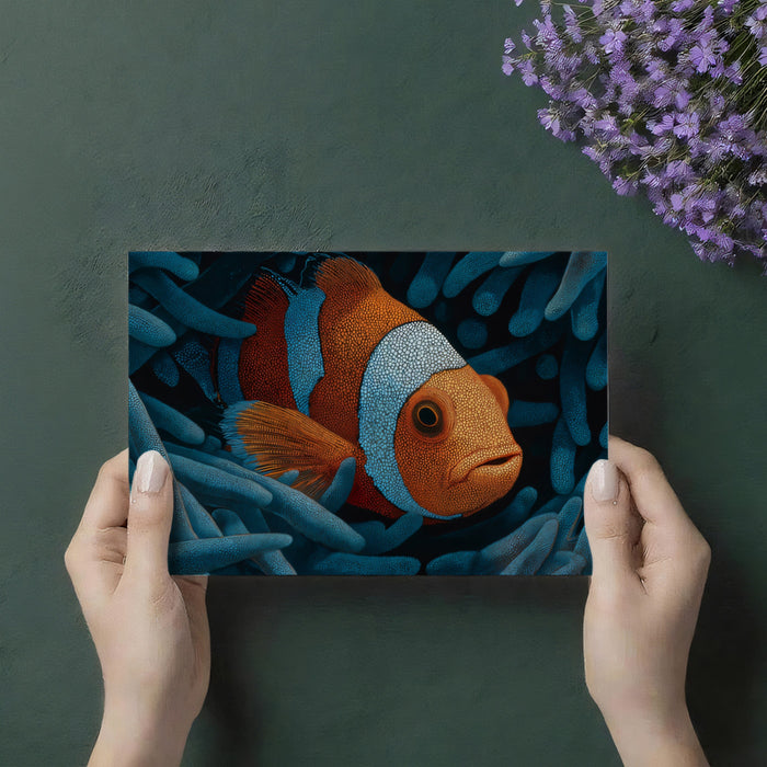 Textured Blue Anemone Clownfish Mural Wallpaper | Pointillist Texture, Blue and Orange Contrast, Macro View