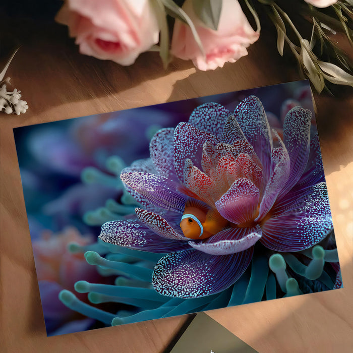 Clownfish in Purple Lotus Anemone Mural Wallpaper | Surreal Close-Up, Dotted Texture, Blue and Pink Palette