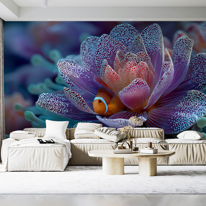 Clownfish in Purple Lotus Anemone Mural Wallpaper | Surreal Close-Up, Dotted Texture, Blue and Pink Palette