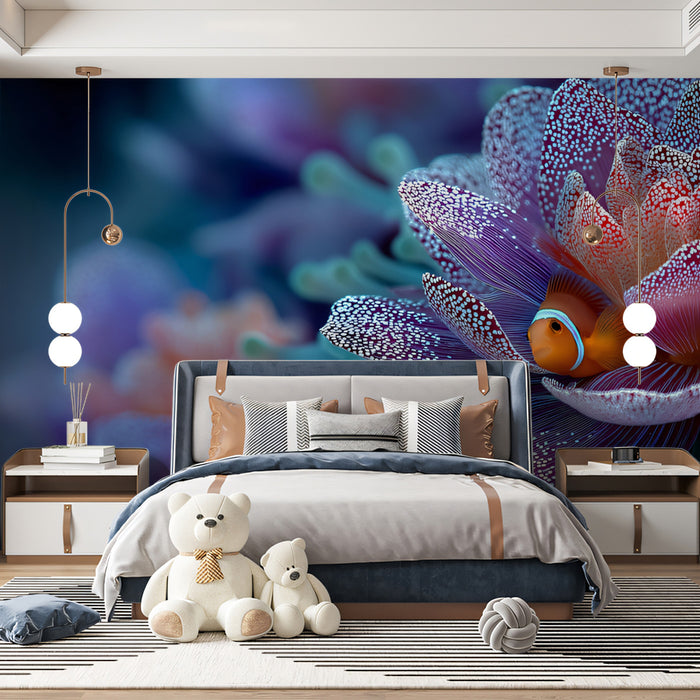 Clownfish in Purple Lotus Anemone Mural Wallpaper | Surreal Close-Up, Dotted Texture, Blue and Pink Palette