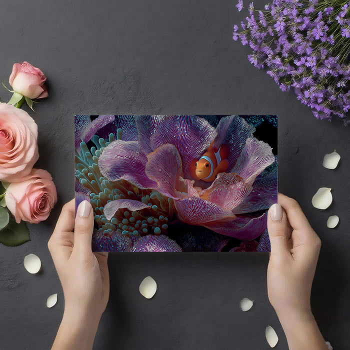 Clownfish in Purple Anemone Petals Mural Wallpaper | Macro View, Luminous Textures, Underwater Fantasy
