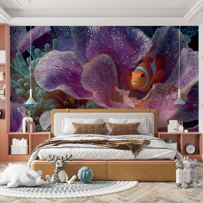 Clownfish in Purple Anemone Petals Mural Wallpaper | Macro View, Luminous Textures, Underwater Fantasy
