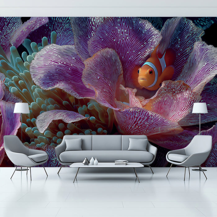 Clownfish in Purple Anemone Petals Mural Wallpaper | Macro View, Luminous Textures, Underwater Fantasy