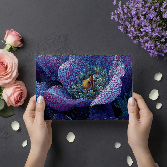 Bubble-Dotted Anemone Clownfish Mural Wallpaper | Extreme Macro, Purple and Teal Palette, High Detail