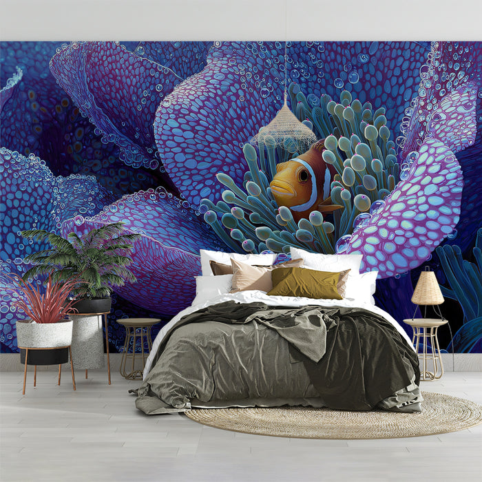 Bubble-Dotted Anemone Clownfish Mural Wallpaper | Extreme Macro, Purple and Teal Palette, High Detail