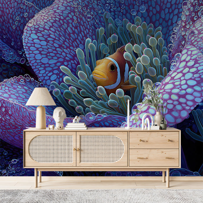Bubble-Dotted Anemone Clownfish Mural Wallpaper | Extreme Macro, Purple and Teal Palette, High Detail