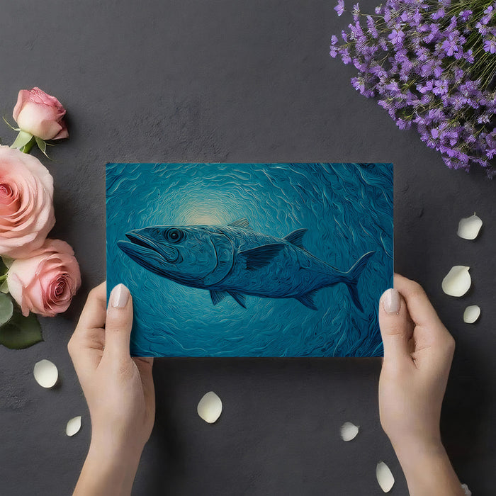 Textured Deep Sea Predator Mural Wallpaper | Impasto Blue, Coiling Water, Single Fish Portrait