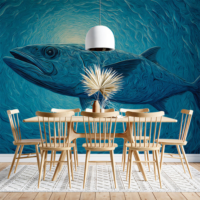 Textured Deep Sea Predator Mural Wallpaper | Impasto Blue, Coiling Water, Single Fish Portrait