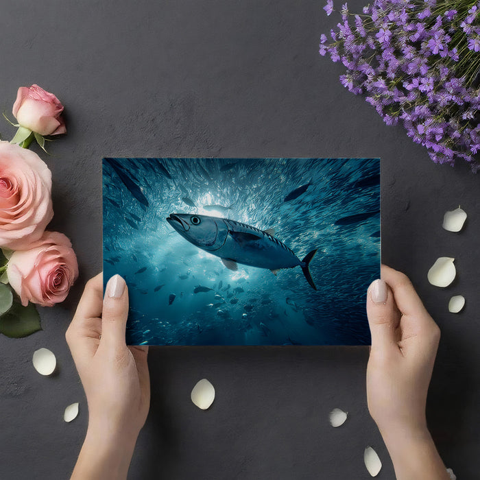 Cinematic Tuna in Fish Vortex Mural Wallpaper | Blue Light Rays, Dynamic Schooling, High Realism