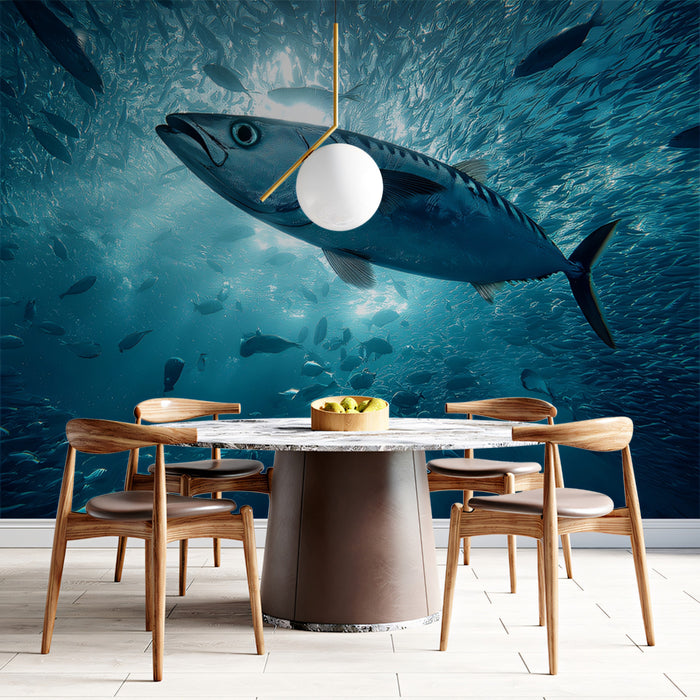 Cinematic Tuna in Fish Vortex Mural Wallpaper | Blue Light Rays, Dynamic Schooling, High Realism