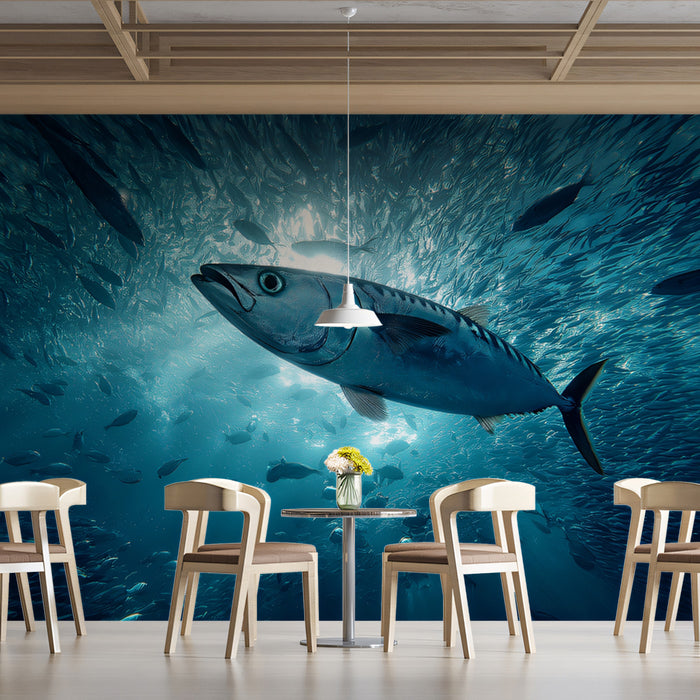 Cinematic Tuna in Fish Vortex Mural Wallpaper | Blue Light Rays, Dynamic Schooling, High Realism