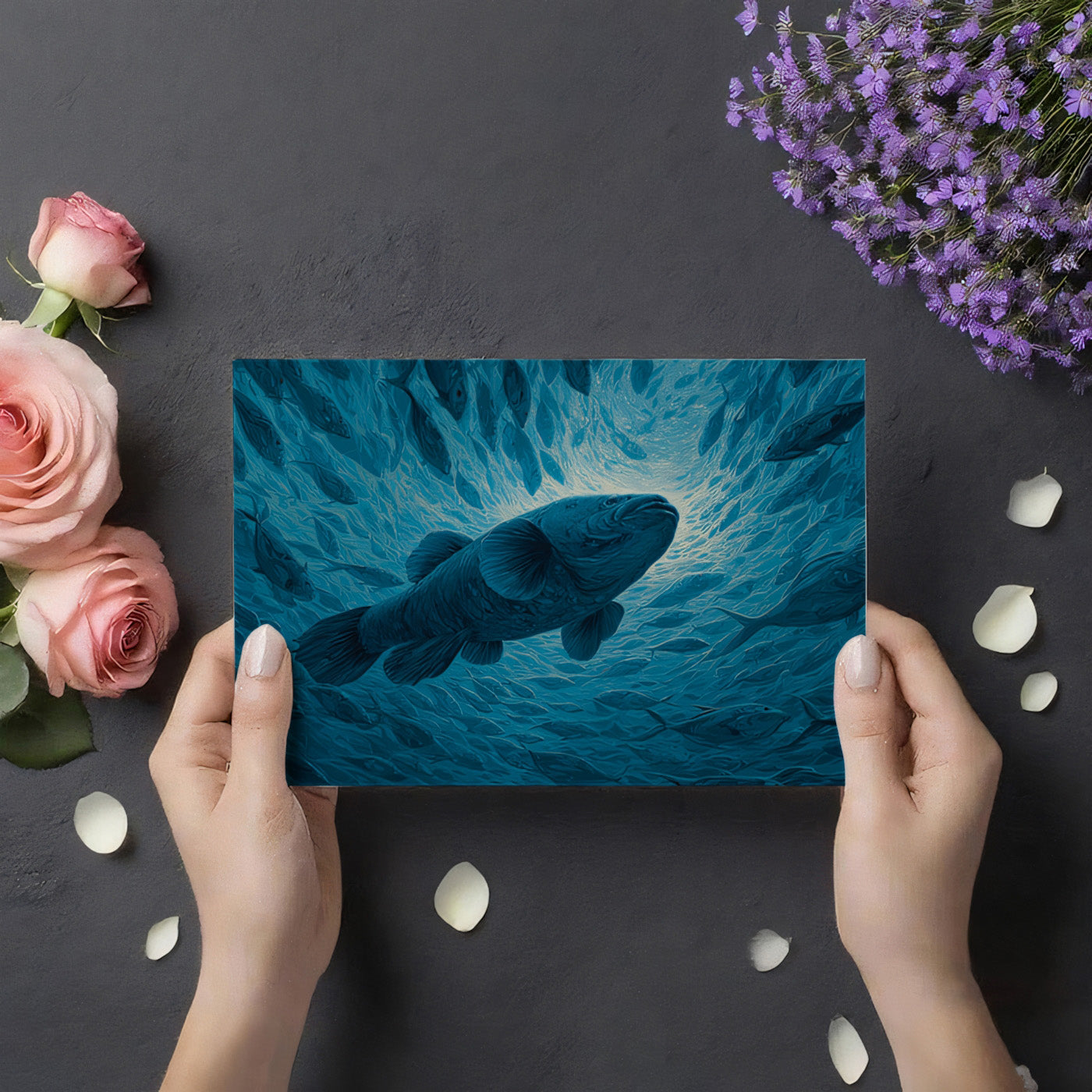 Hands holding a card with an underwater scene of a fish, surrounded by flowers and petals on a dark surface.