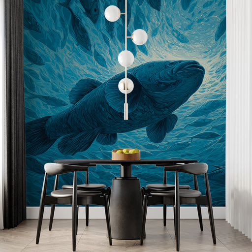 Dining room with a large fish mural on the wall, black table, and chairs.
