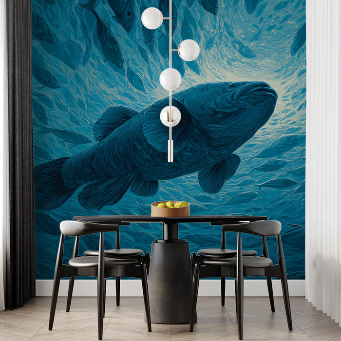Dining room with a large fish mural on the wall, black table, and chairs.