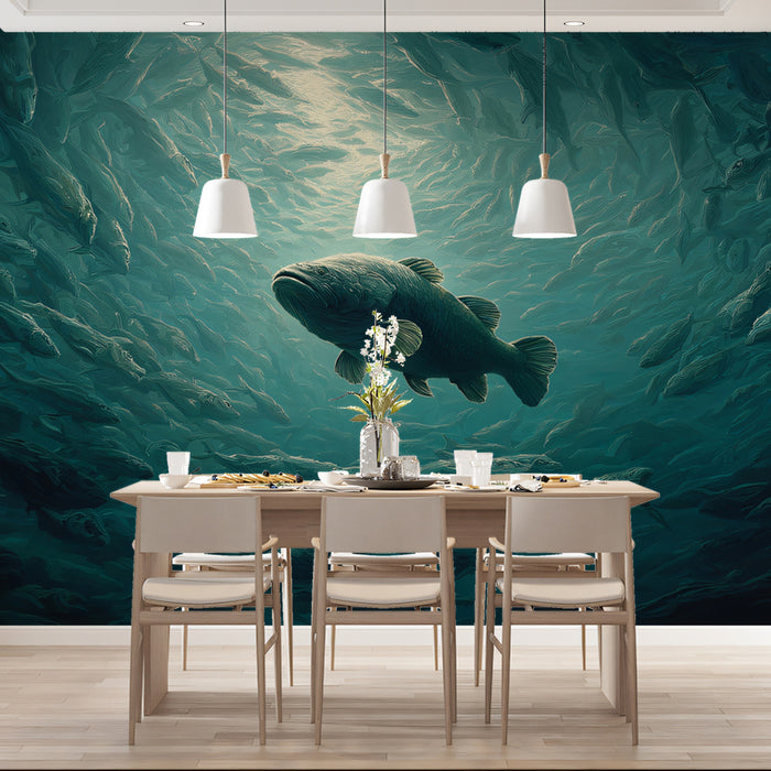 Textured Blue School of Fish Mural Wallpaper | Impasto Style, Central Light Burst, Underwater Cavern