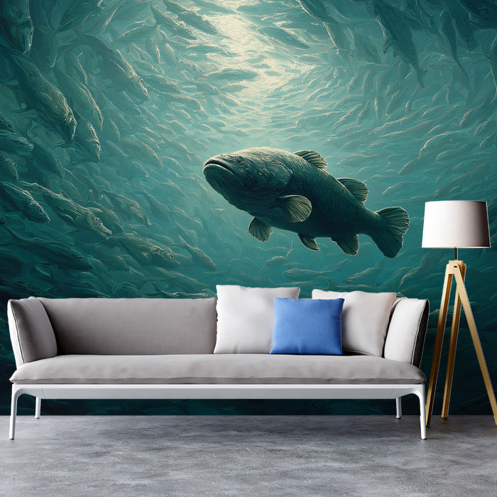 Textured Blue School of Fish Mural Wallpaper | Impasto Style, Central Light Burst, Underwater Cavern