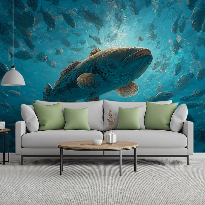 Grouper in Blue Swirling School Mural Wallpaper | Light-Filled Water, Textured Fish, Dynamic Scene