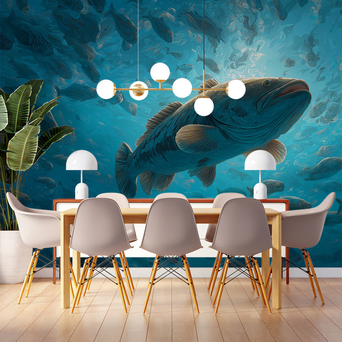 Grouper in Blue Swirling School Mural Wallpaper | Light-Filled Water, Textured Fish, Dynamic Scene