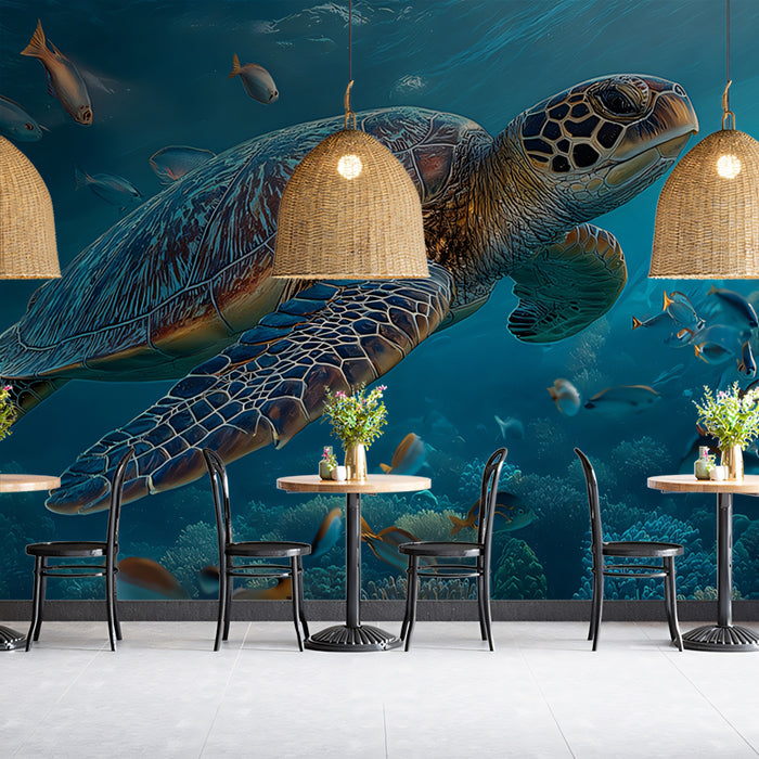 Sea Turtle in Coral Reef Mural Wallpaper | Hyper-Realistic Detail, Turquoise Water, Sunlit Ocean