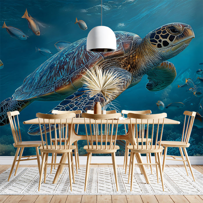Sea Turtle in Coral Reef Mural Wallpaper | Hyper-Realistic Detail, Turquoise Water, Sunlit Ocean