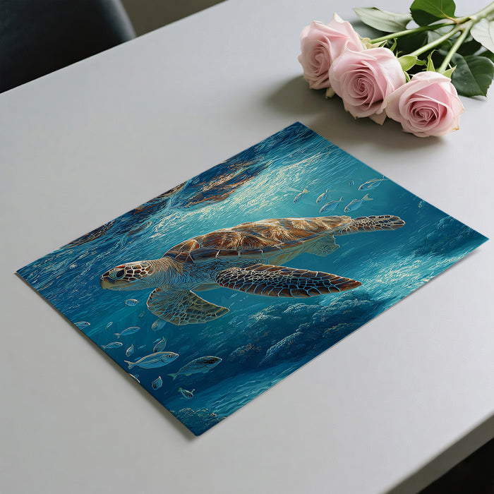 Oceanic Sea Turtle and Fish Mural Wallpaper | Blue Water, Bright Surface Reflection, Tranquil Scene