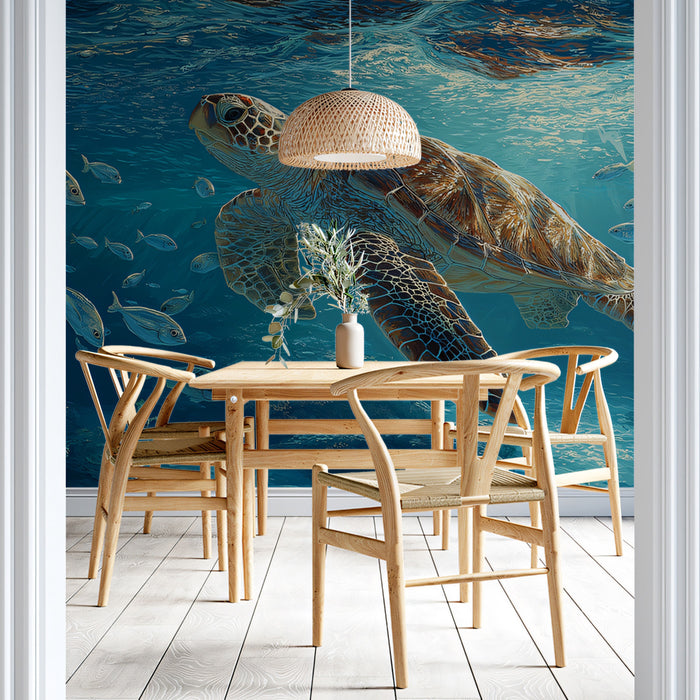 Oceanic Sea Turtle and Fish Mural Wallpaper | Blue Water, Bright Surface Reflection, Tranquil Scene