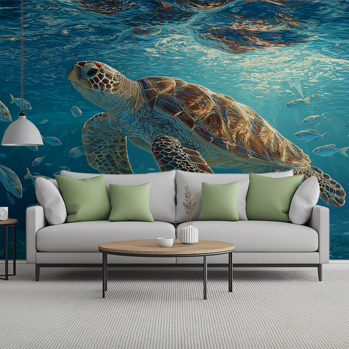 Oceanic Sea Turtle and Fish Mural Wallpaper | Blue Water, Bright Surface Reflection, Tranquil Scene