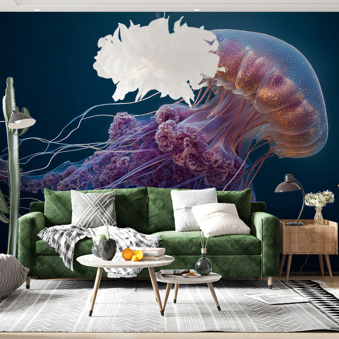 Luminous Purple Jellyfish Mural Wallpaper | Deep Blue Void, Ethereal Tentacles, Dramatic Light
