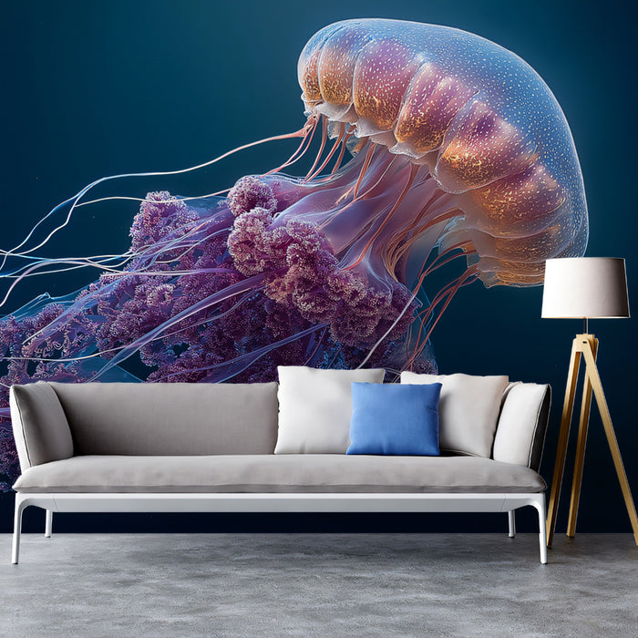 Luminous Purple Jellyfish Mural Wallpaper | Deep Blue Void, Ethereal Tentacles, Dramatic Light