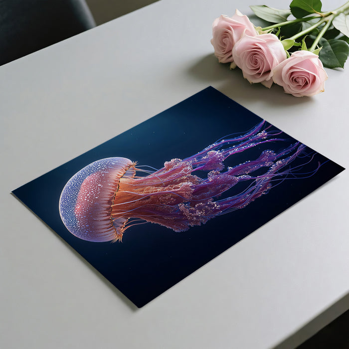 Spotted Jellyfish in Dark Water Mural Wallpaper | Pink and Violet Glow, Submerged Elegance, High Contrast