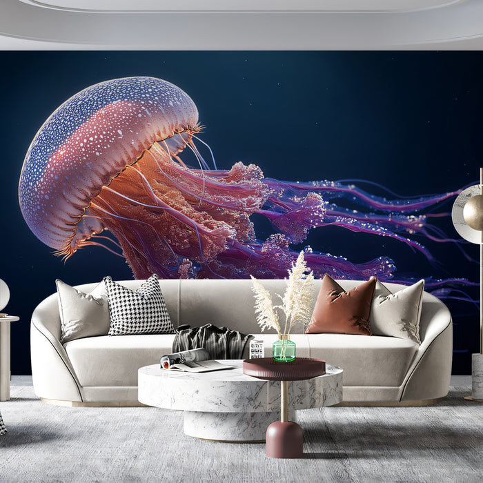 Spotted Jellyfish in Dark Water Mural Wallpaper | Pink and Violet Glow, Submerged Elegance, High Contrast