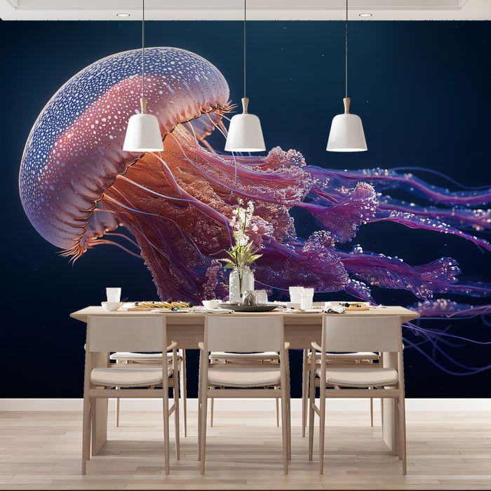 Spotted Jellyfish in Dark Water Mural Wallpaper | Pink and Violet Glow, Submerged Elegance, High Contrast